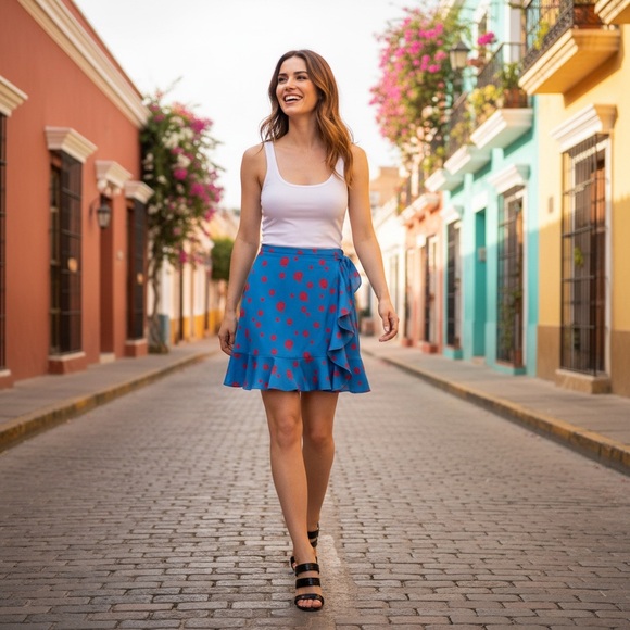 Kenzo Dresses & Skirts - KENZO Cobalt Blue Soft Rose Print Ruffle Skirt!